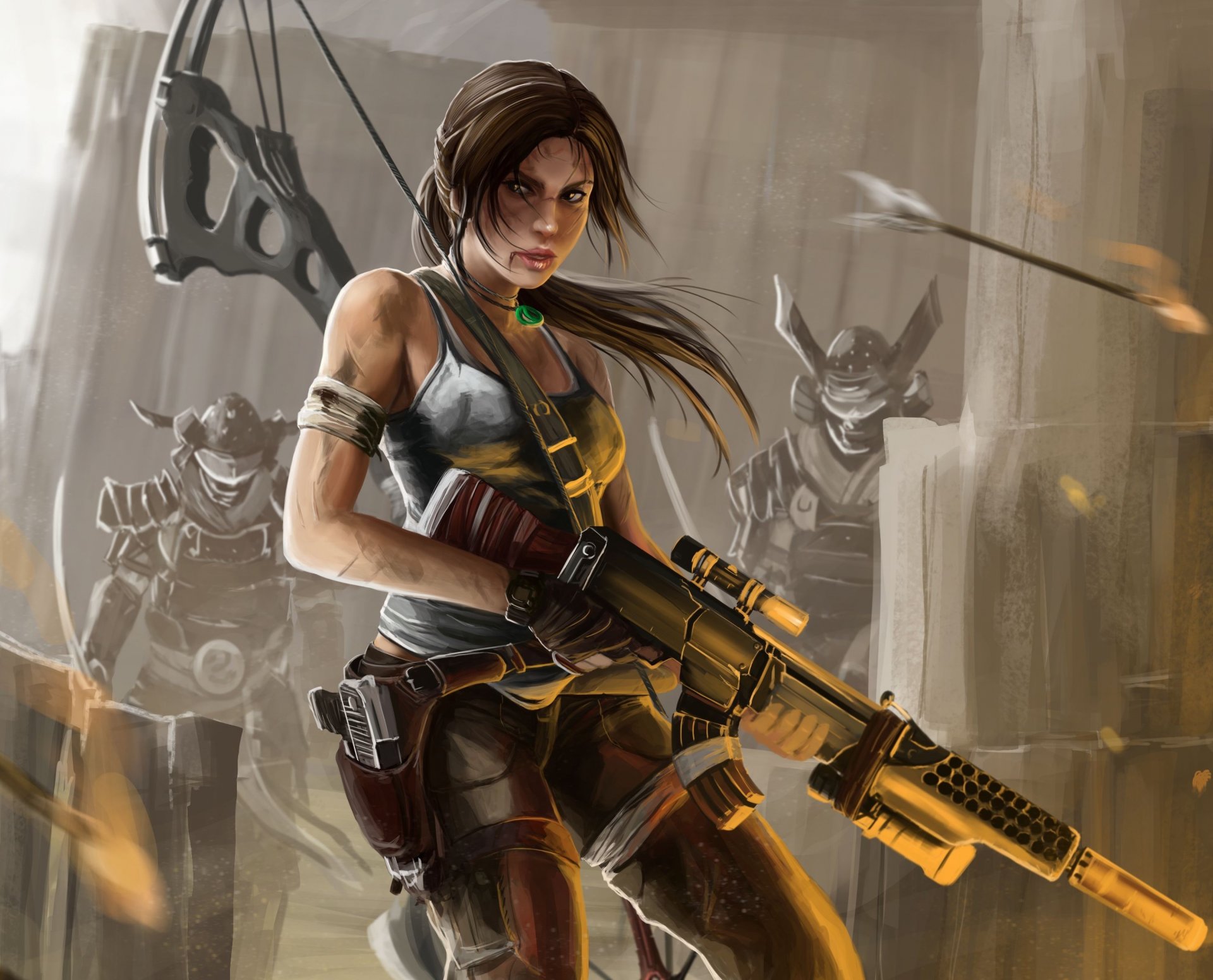 arte peter balog lara croft tomb raider chica arco ametralladora enemigos flecha