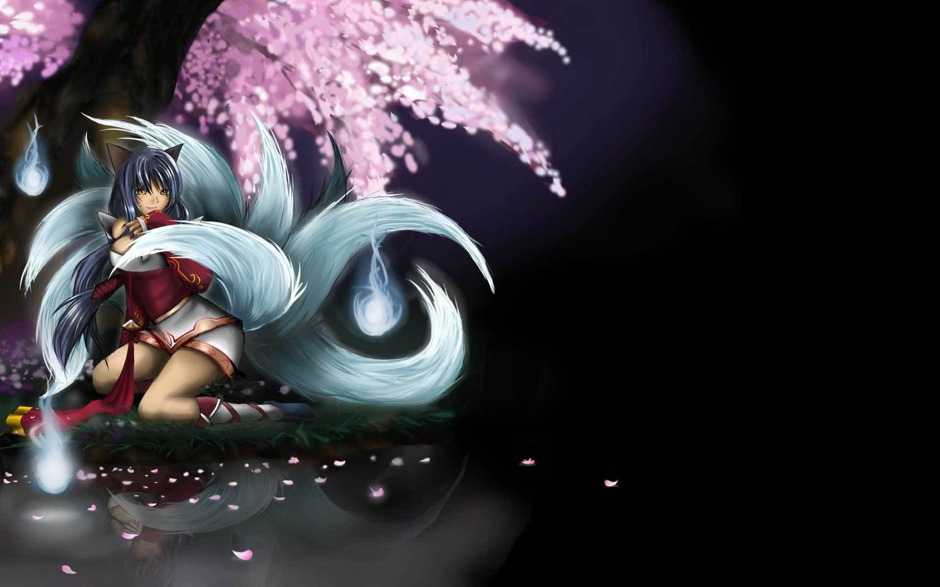 arte ahri liga de leyendas chica lago colas sakura árbol