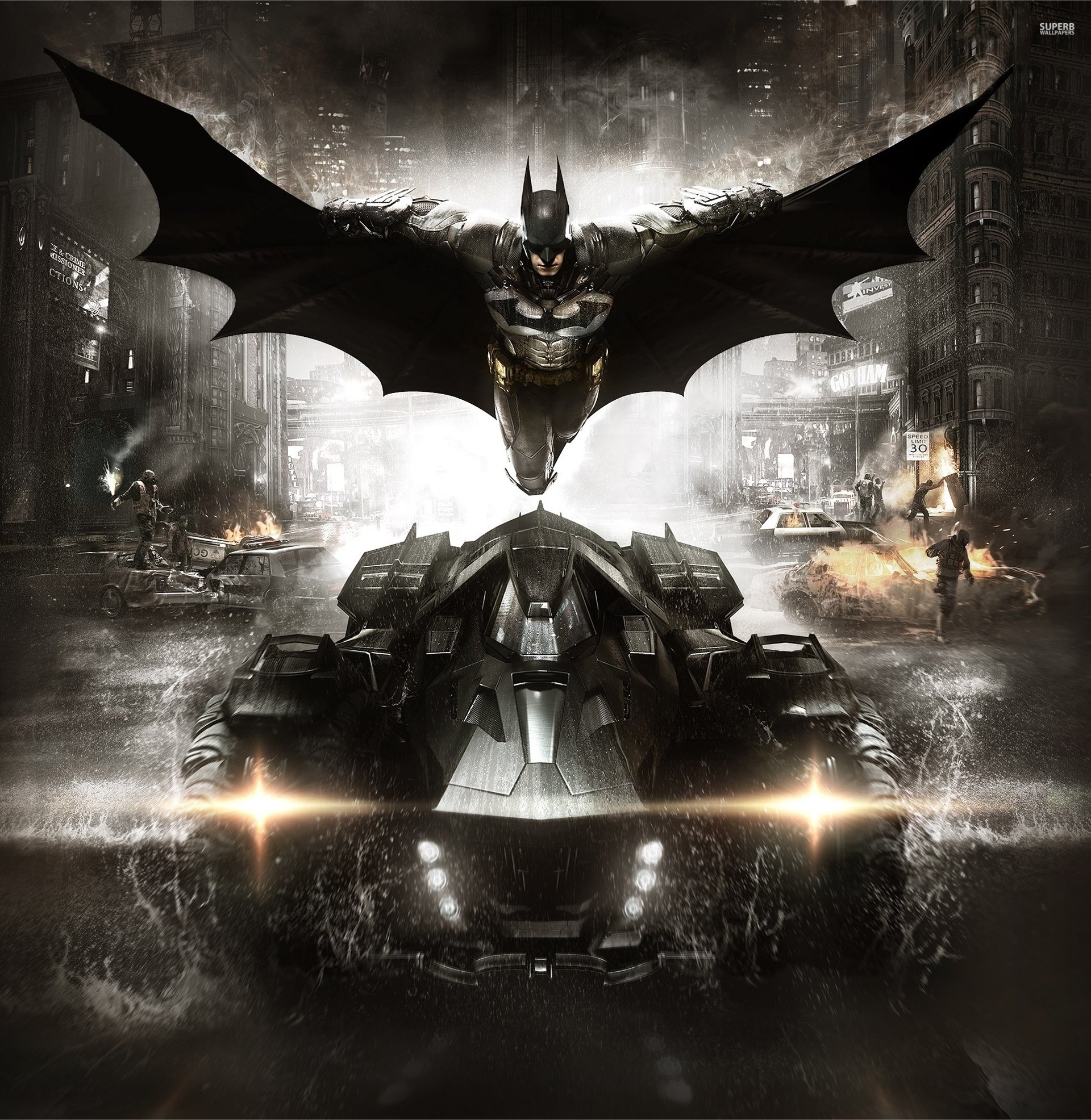 batman: arkham knight batman: arkham knight bruce wayne difensore combattente mantello armatura equipaggiamento batmobile acciaio città fumo automobili case rocksteady studios warner bros. interactive entertainment