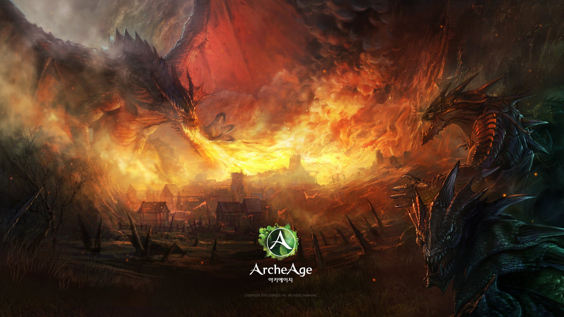 archeage mmorpg en ligne jeu art créatures dragon feu mmorpg art monstres flamme maisons