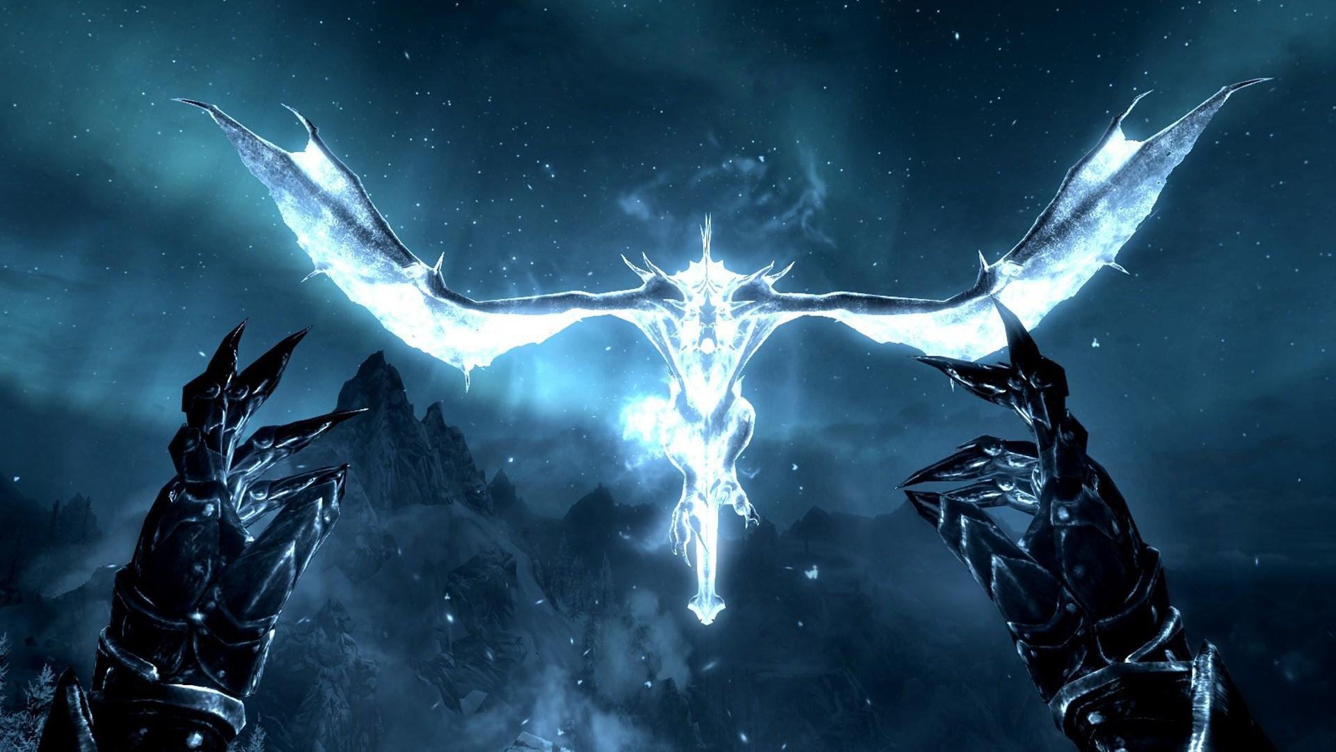 the elder scrolls v: skyrim spiel nacht sterne drachen fliegen handschuhe krallen