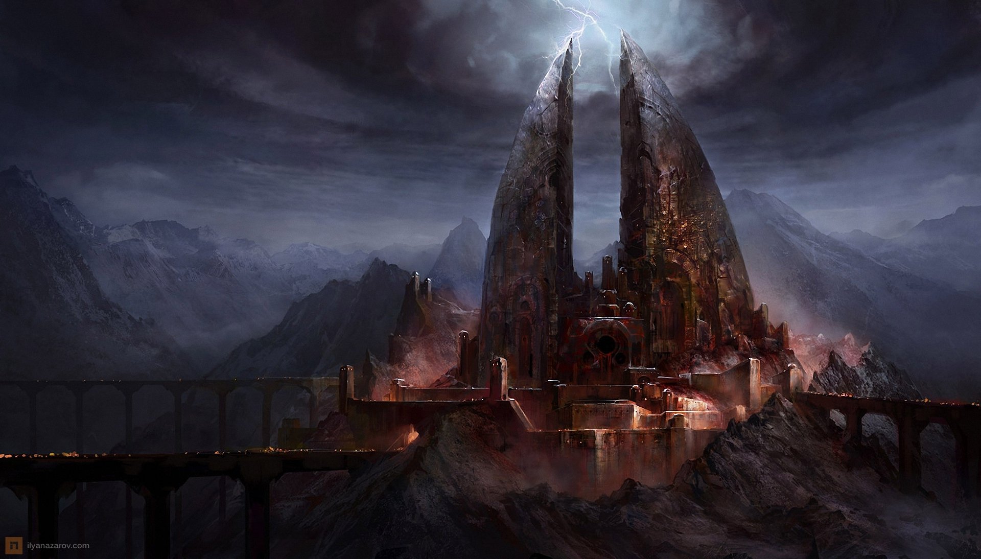 art ilya nazarov lord of the rings war in the north castle bridge lightning darkly