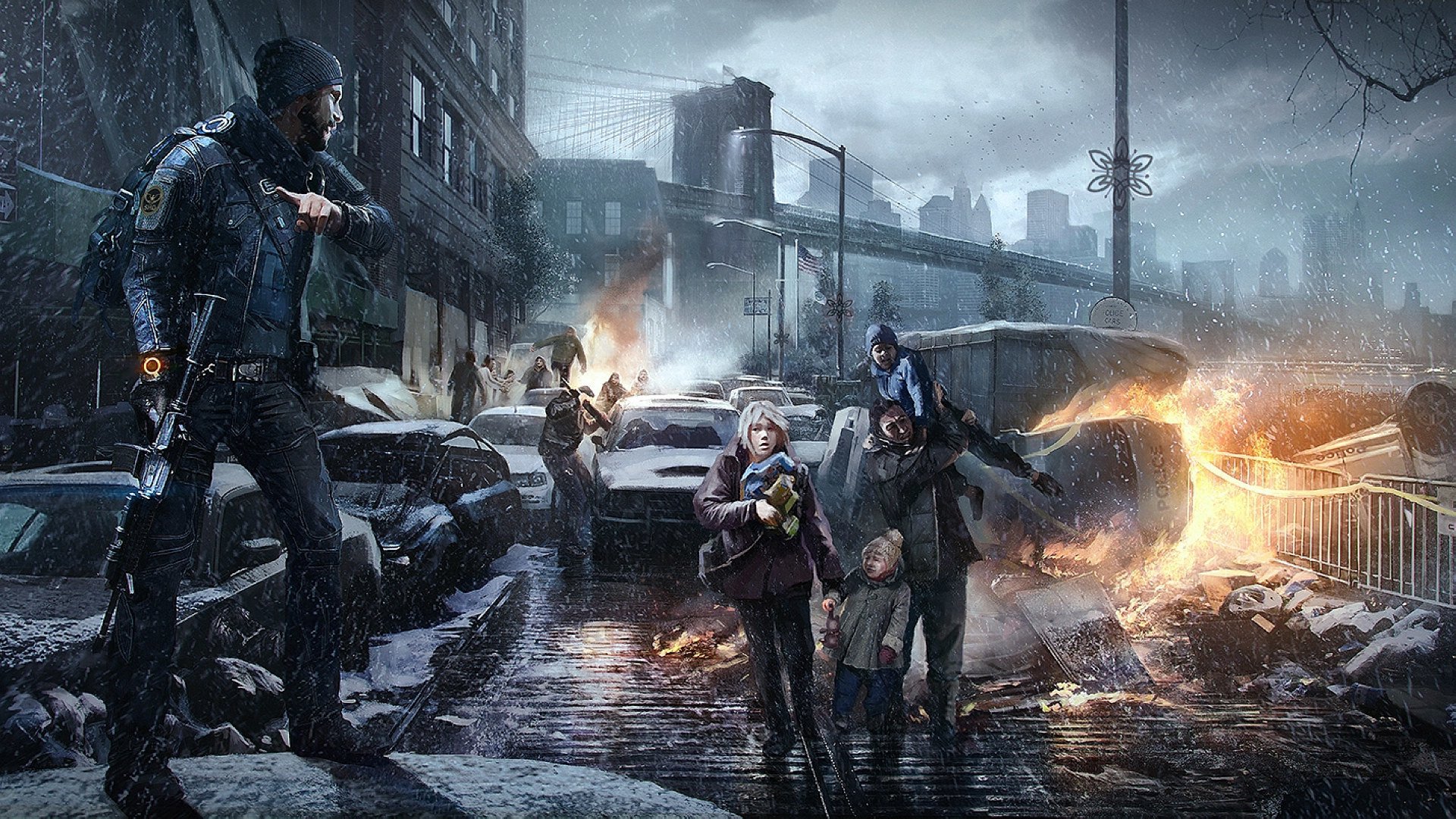 tom clancy divisione ubisoft entertainment arte situazione città ponte macchine edifici fili cielo finestre recinzione pilastro armi nuvole sopravvissuti neve fuoco fiamme persone