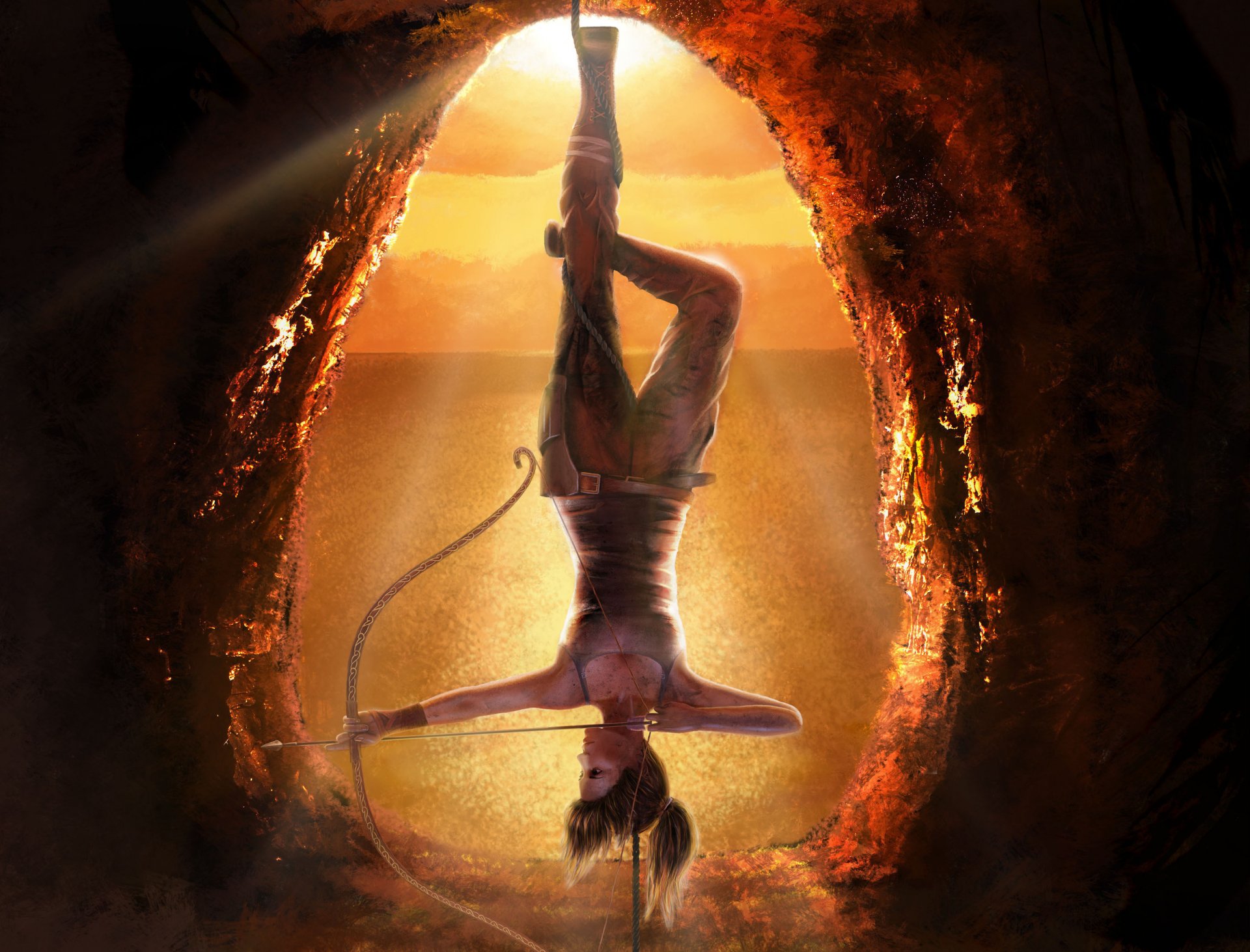 lara croft tomb raider art. jeu arc fille suspendu vers le haut corde