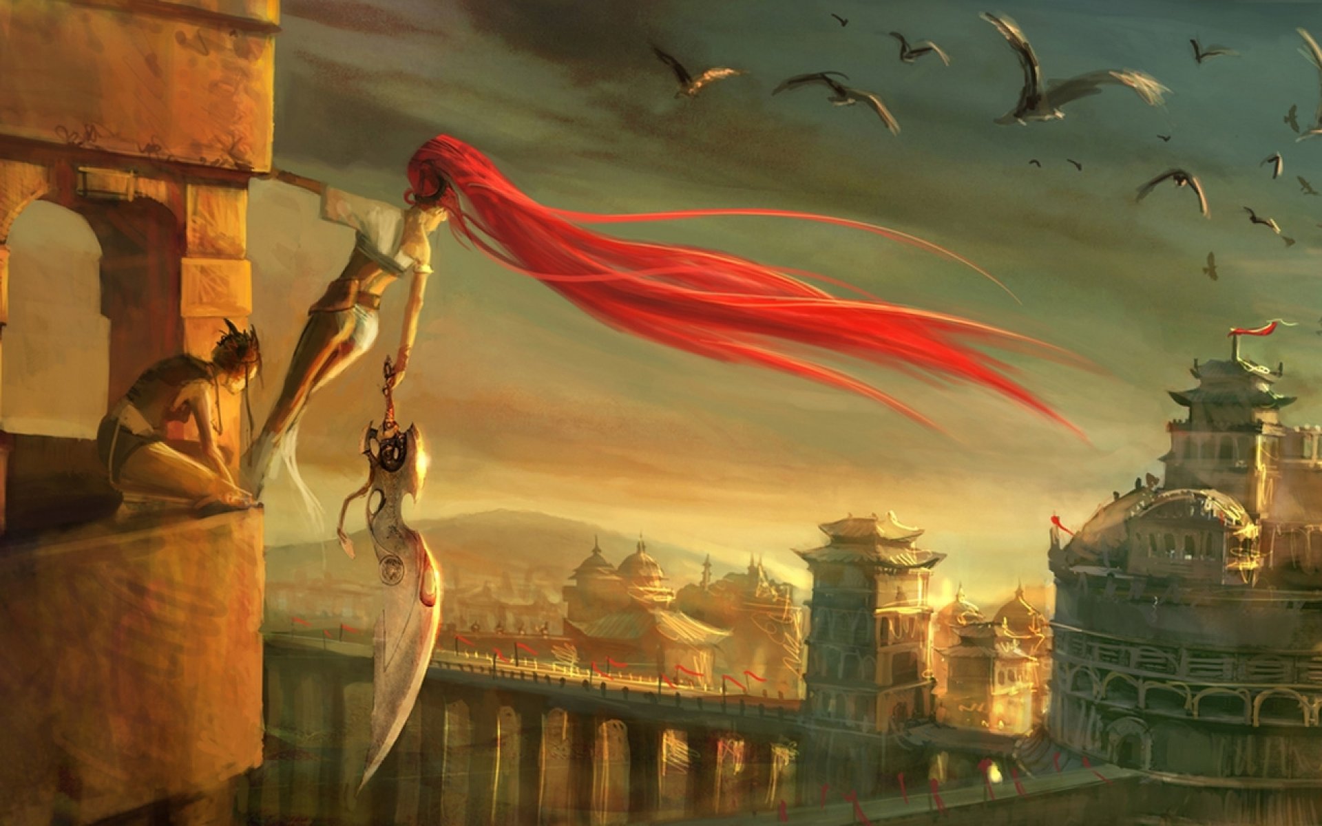 art heavenly sword nariko girl red height town sword bird