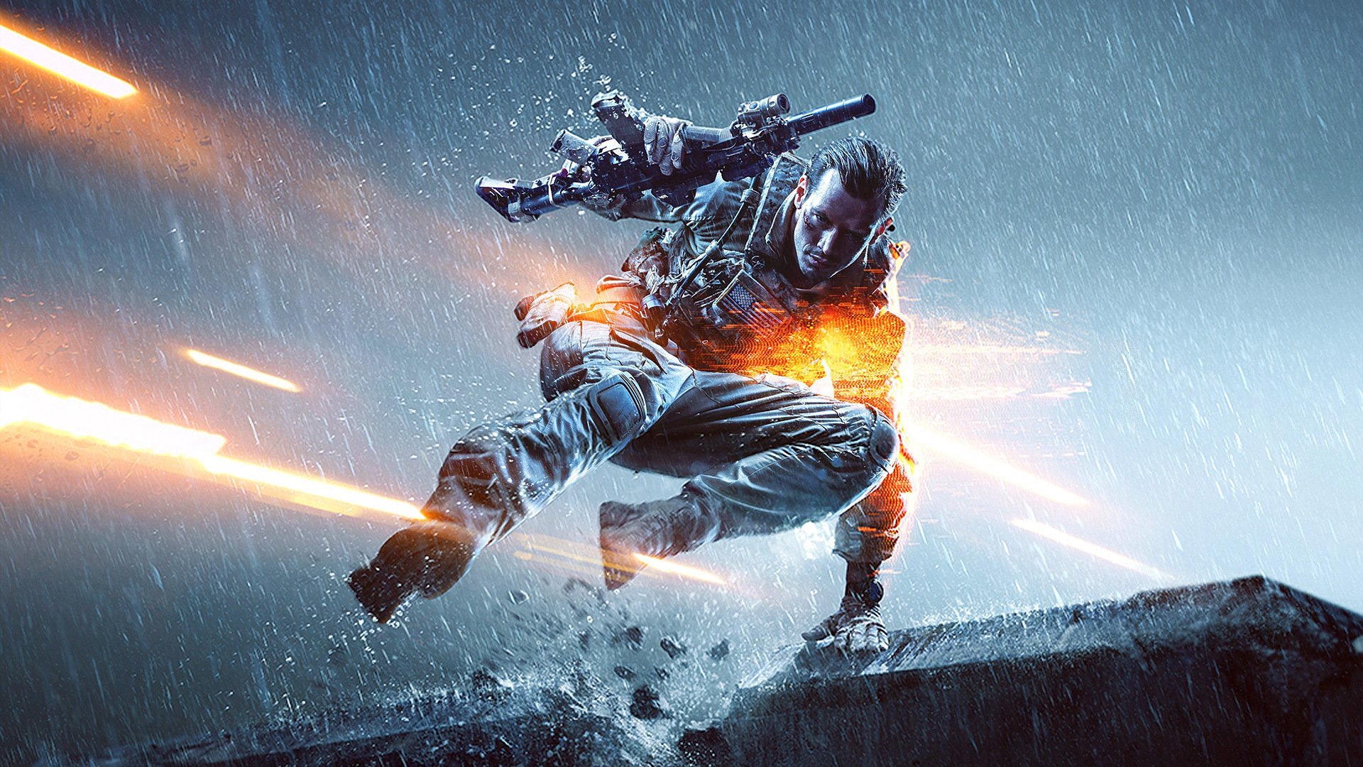 battlefield 4 bf 4 żołnierz broń pistolet automat deszcz ekwipunek kamizelka kuloodporna rękawice skok światła ea digital illusions ce electronic arts dice