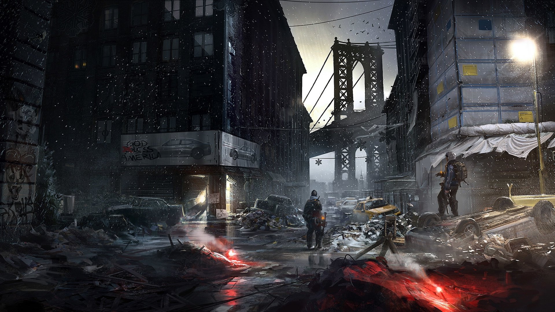 tom clancy departamento ubisoft entertainment arte situación ciudad puente máquinas edificios luces letrero antorcha cables cielo ventanas graffiti foco valla poste letras armas nubes pájaros sobrevivientes nieve