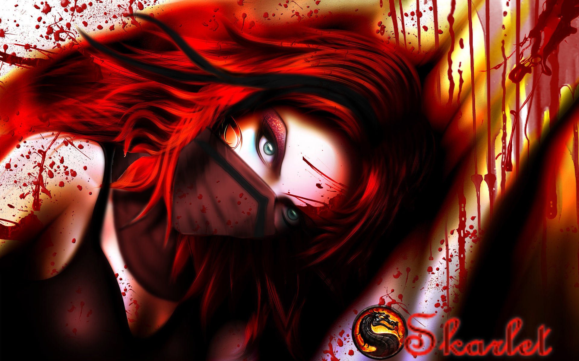 mortal kombat art game skarlet girl green eyes view red hair mask blood