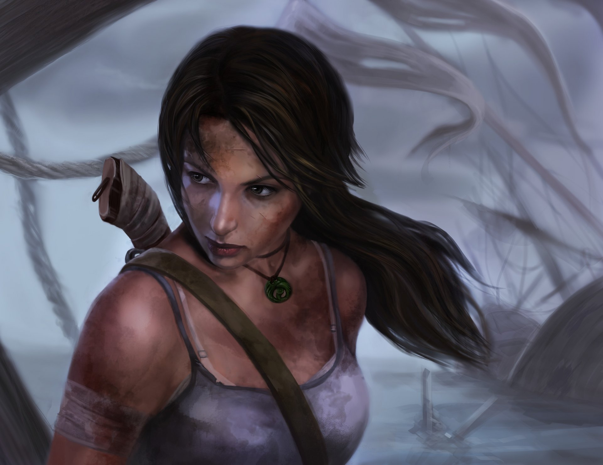 lara croft tomb raider kunst gesicht schmutz haare pferdeschwanz messer blick