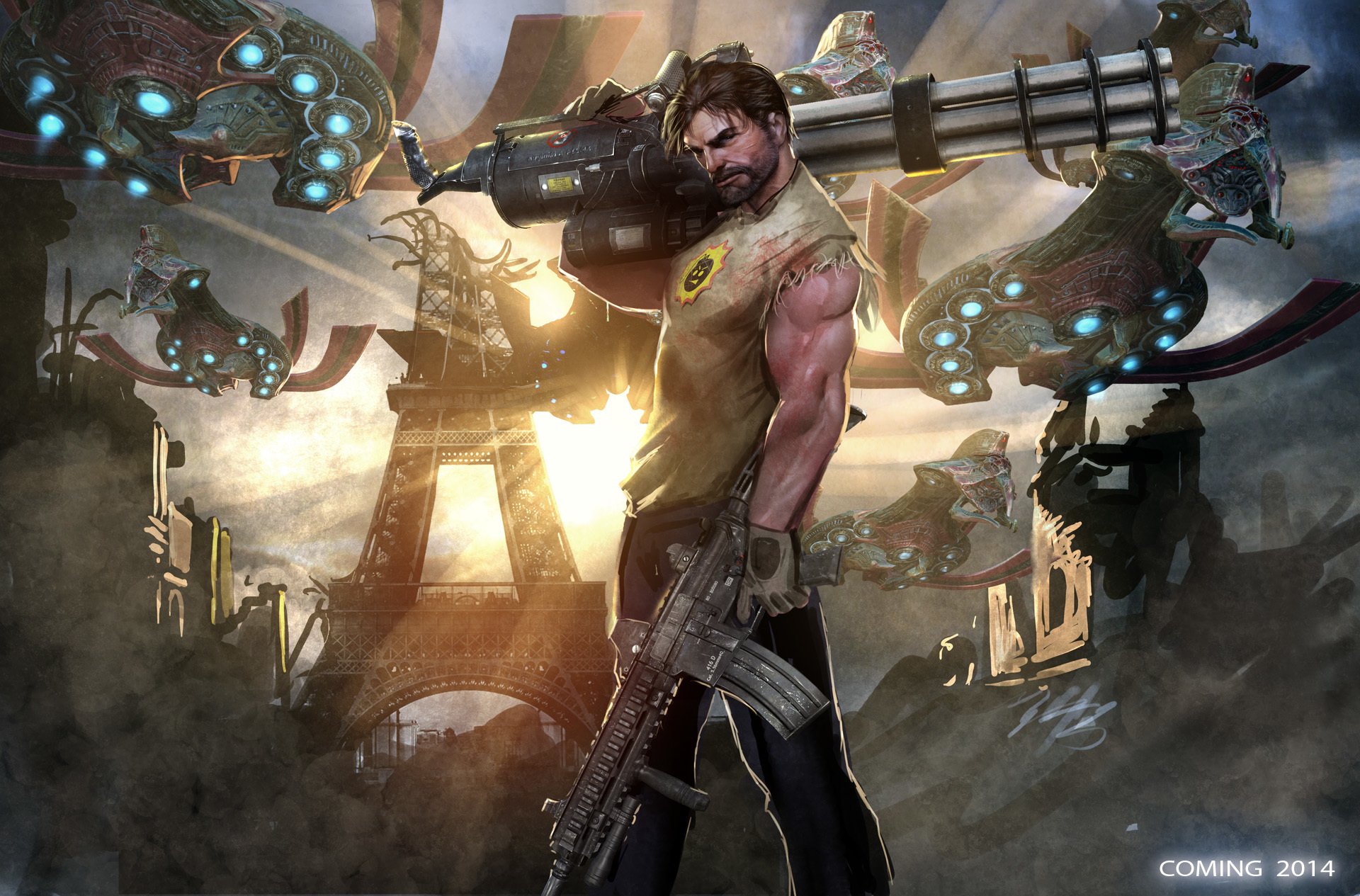 erious sam 4 serious sam cool sam samuel stone samuel stone weapons six-barreled shotgun monsters eiffel tower alien ships beard machine gun drawing croteam