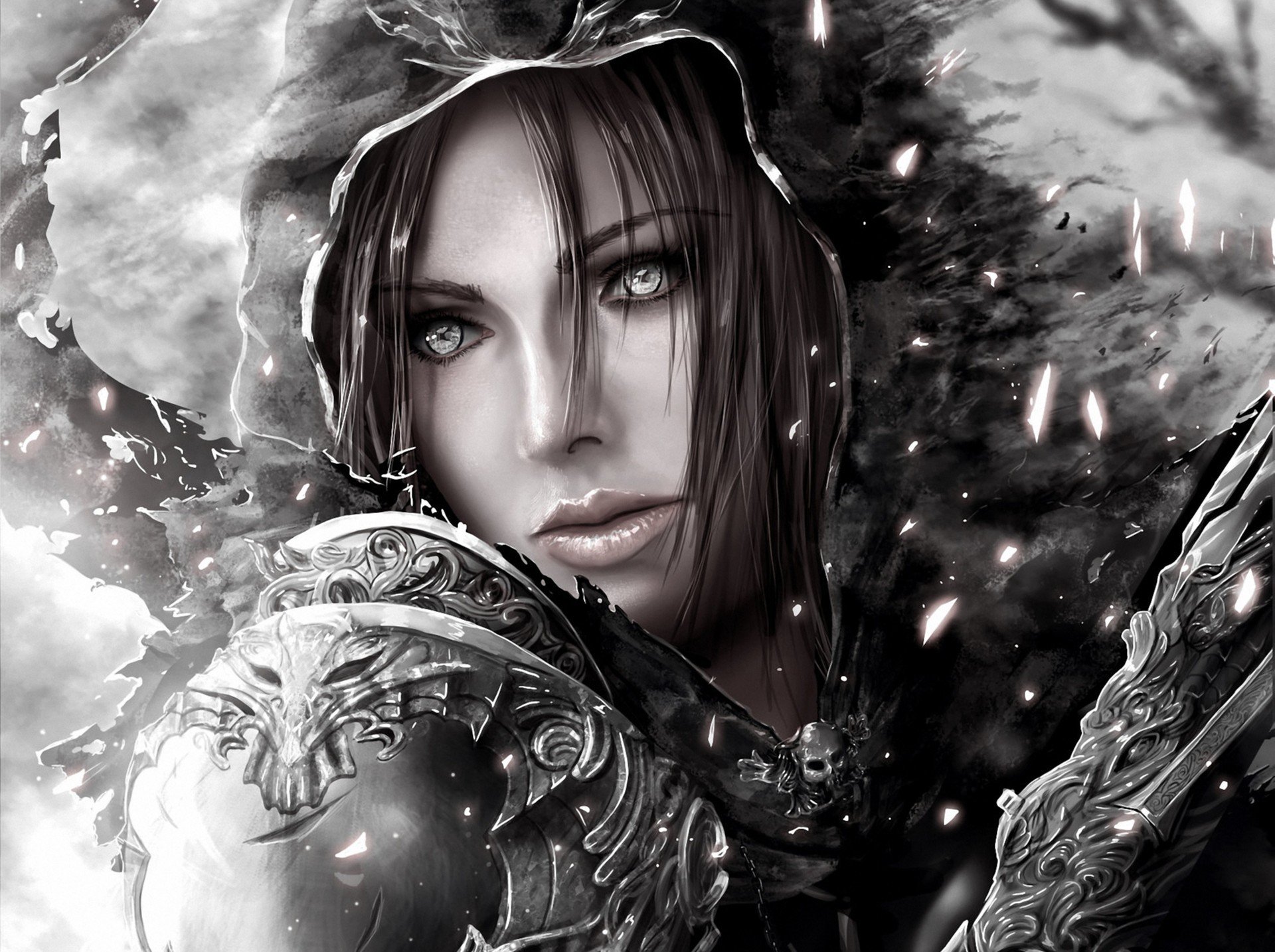 art demon hunter diablo 3 girl hood monochrome black and white