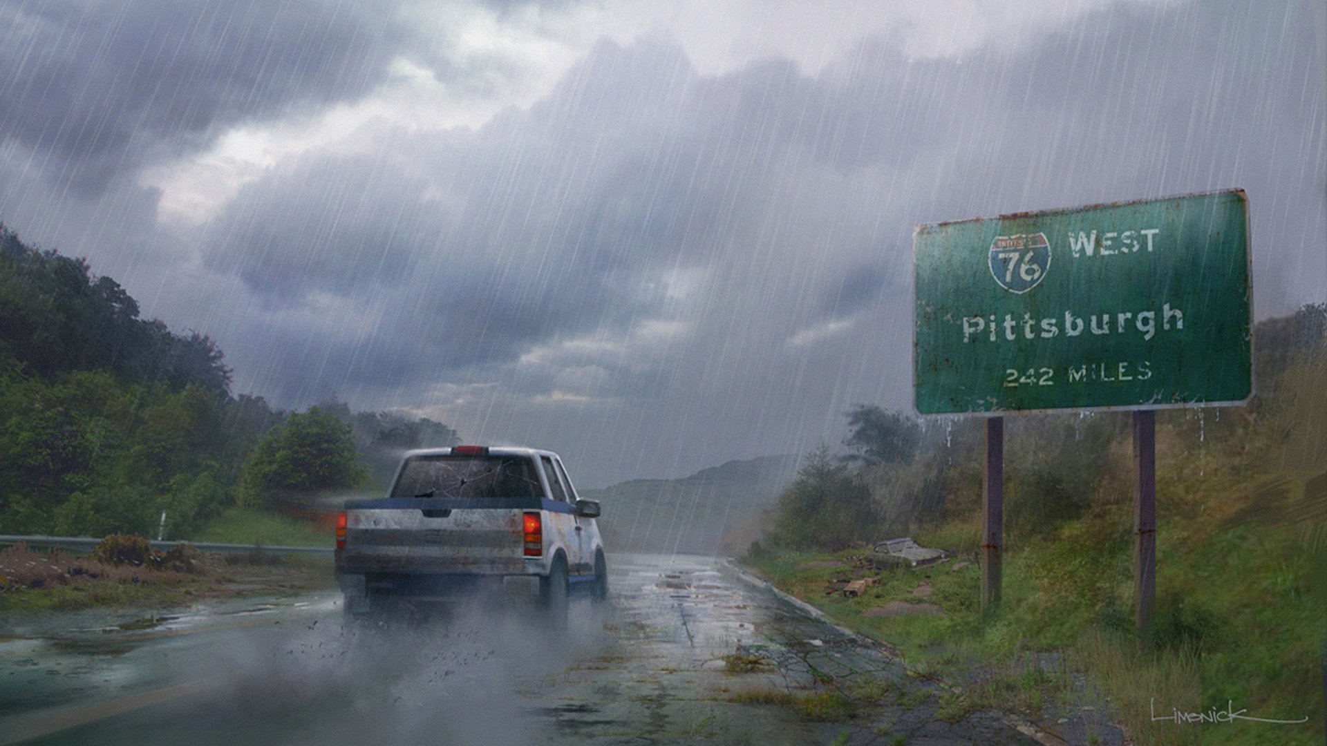 el último de nosotros coche lluvia carretera arte