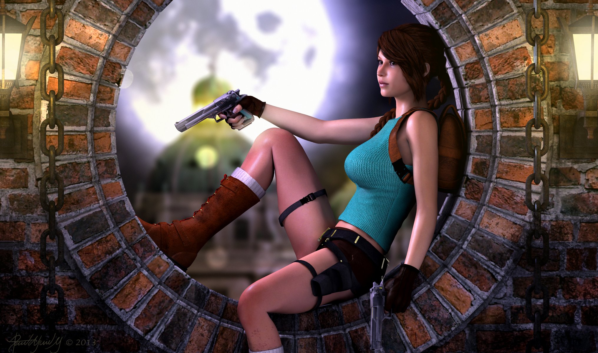 lara croft tomb raider dziewczyna siedzi broń pistolety twarz koszulka łańcuchy