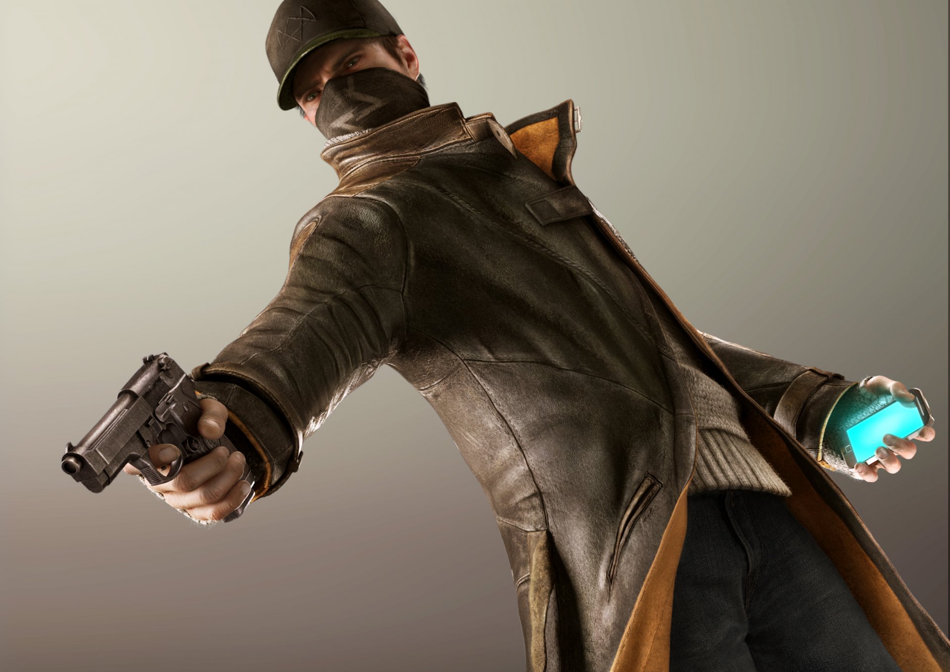 watch dogs watch dogs aiden pierce broń pistolet telefon czapka