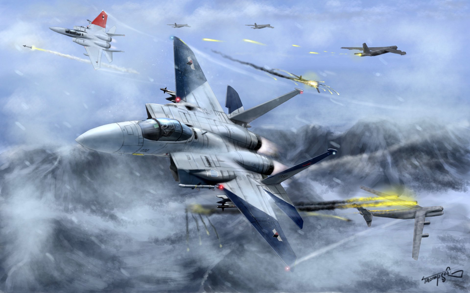 art ace combat planes fighters in the sky flight battle fire mountain snow