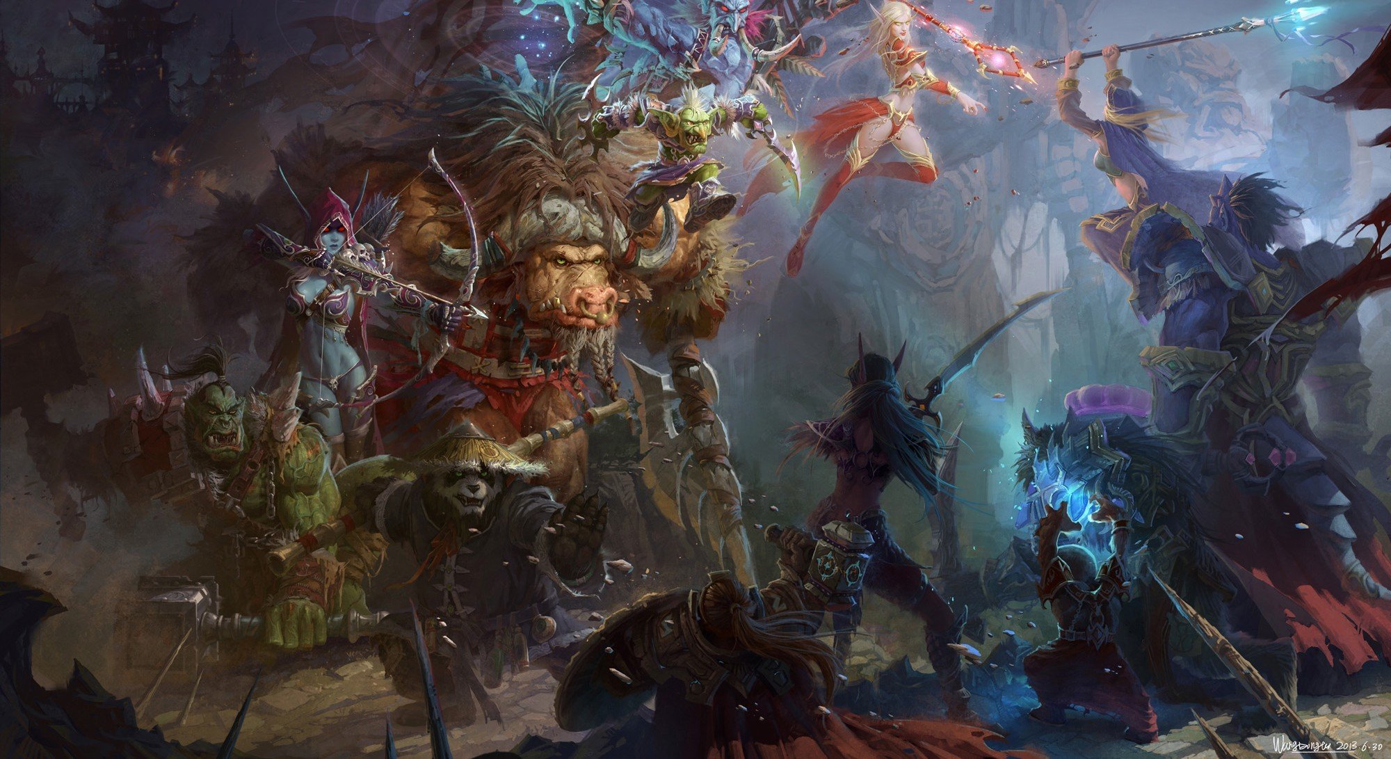 arte mundo de warcraft wow sylvanas windrunner pandaria brumas panda batalla armas personajes