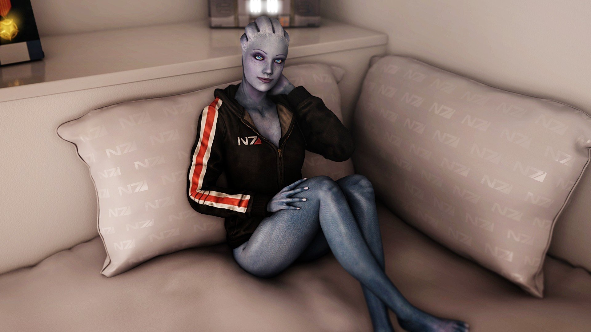 mädchen liara t sony blick lächeln sitzen sofa mass effect