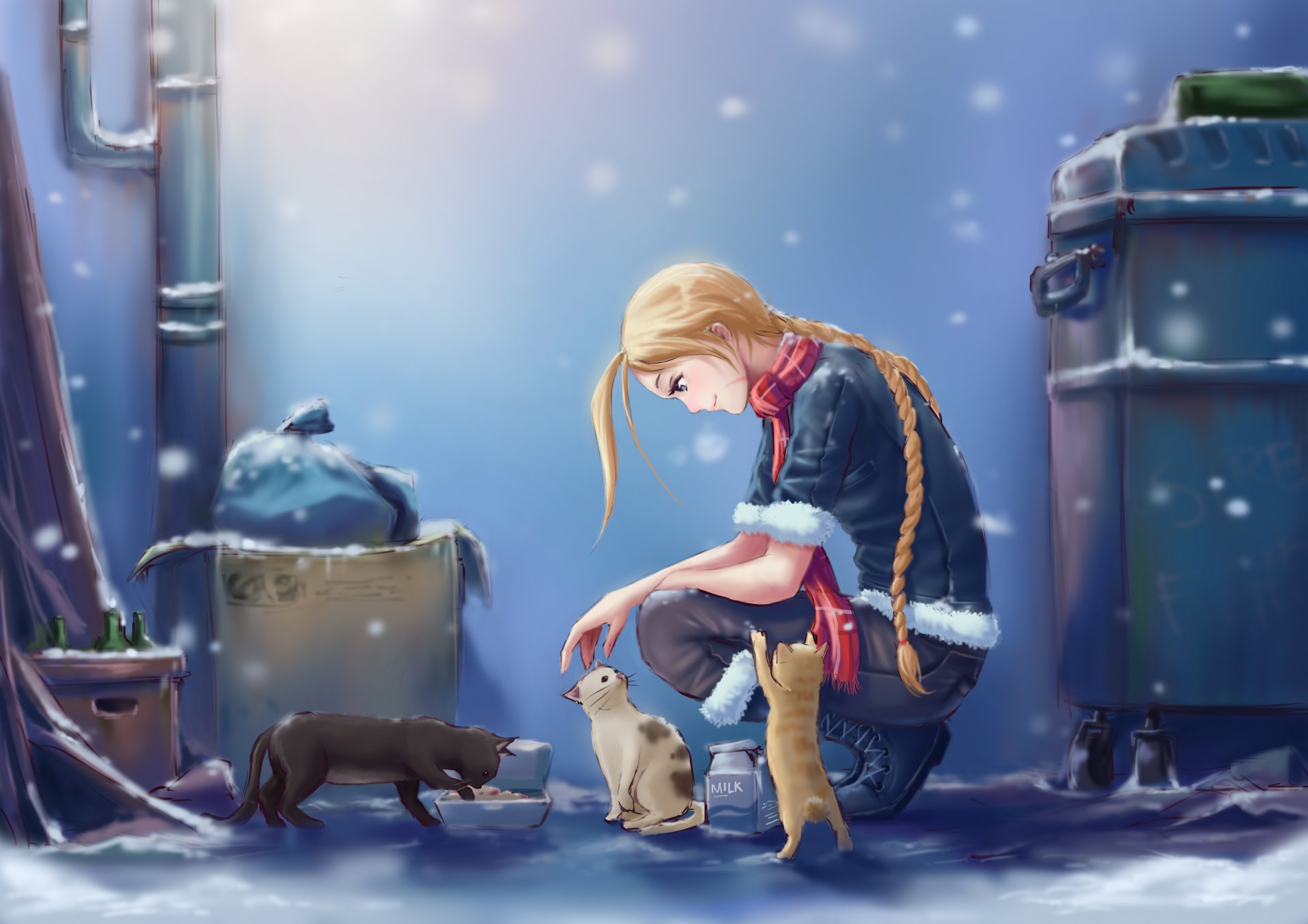 kunst street fighter cammy mädchen straße katzen stadt milch schnee