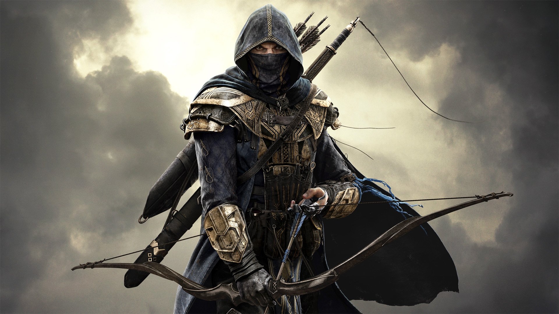 the elder scrolls online spada della notte guerriero assassino assassino arco cappuccio cielo nuvole vista spada frecce armatura maschera zenimax online studios zenimax media bethesda softwork