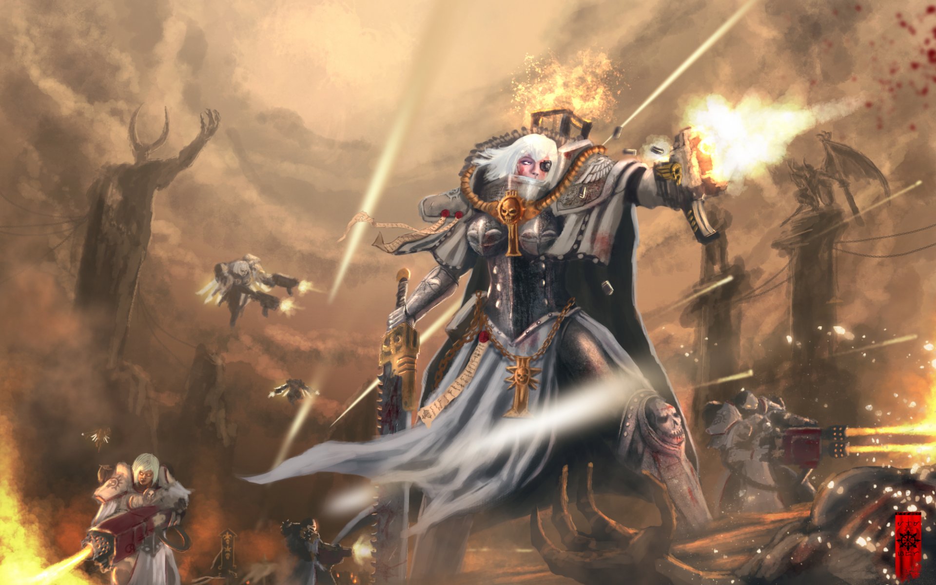 art warhammer 40k siostra bitwy dziewczyny zbroja bitwa broń