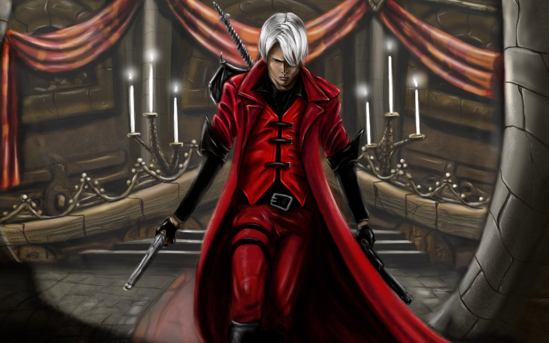 diablo puede llorar 1 dmc fondo de pantalla del juego dante kzeor fanart cazador de demonios semi-demonio espada rebelión ébano y gato medio demonio cazador rebellion pistolas blanco y negro capa roja salón velas