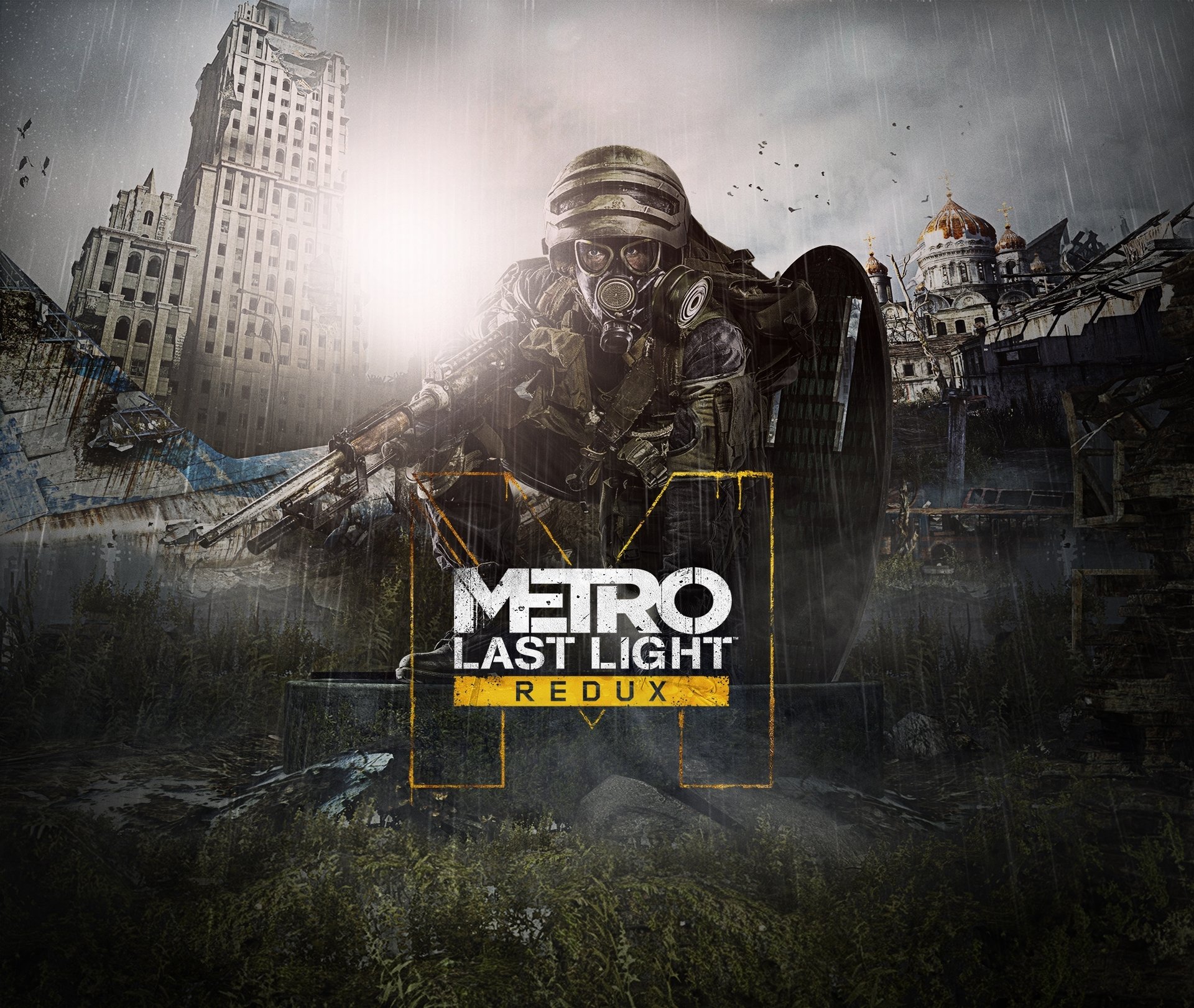 metro: last light redux metro: redux 4a games deep silver men helmet weapon mask ranger moscow sky clouds light rays industrial complex building apocalypse radiation fog filter view survivor cathedral equipment plane underground logo names inscription