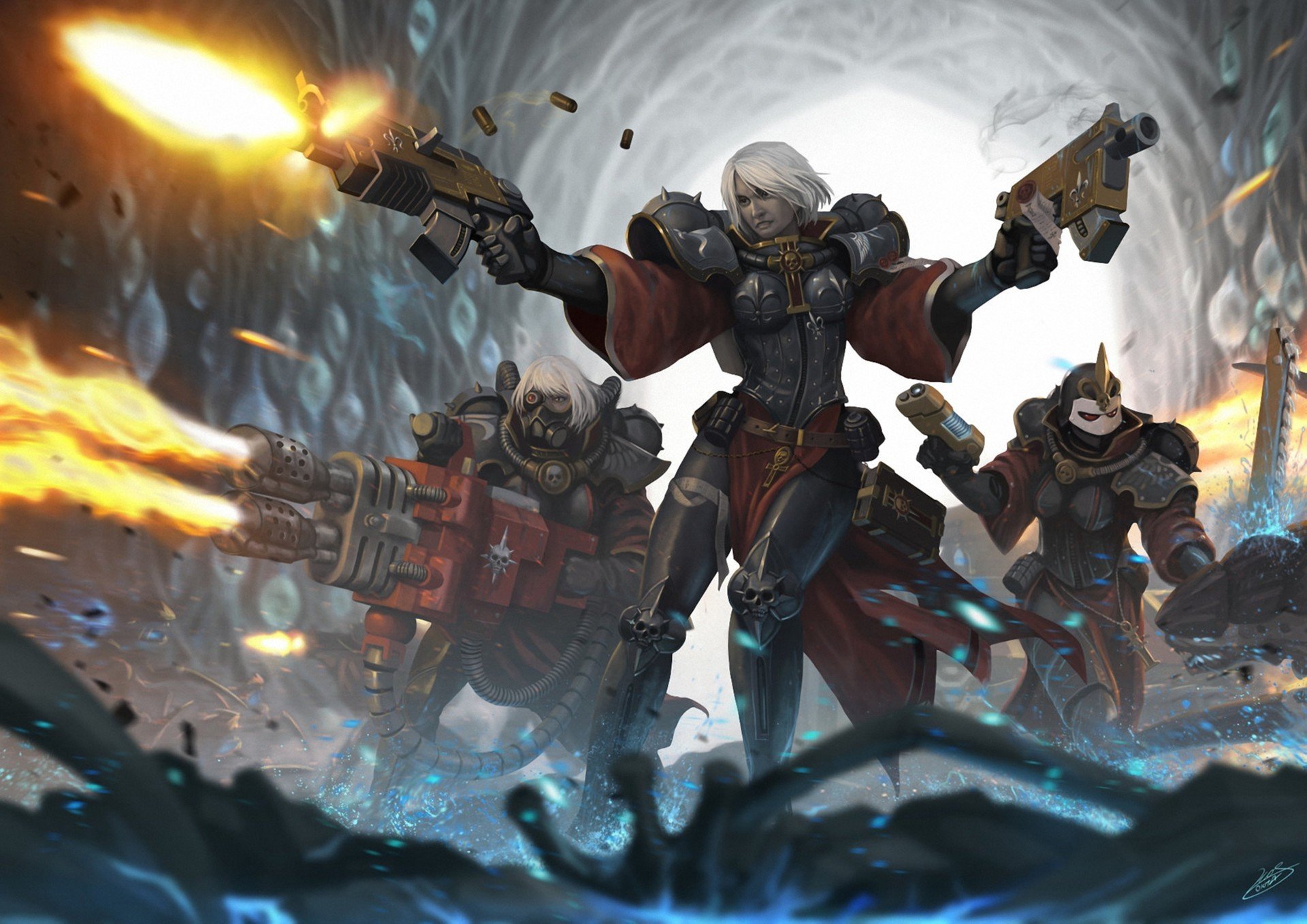 arte warhammer 40k batalla hermana chicas armadura batalla armas disparos cueva