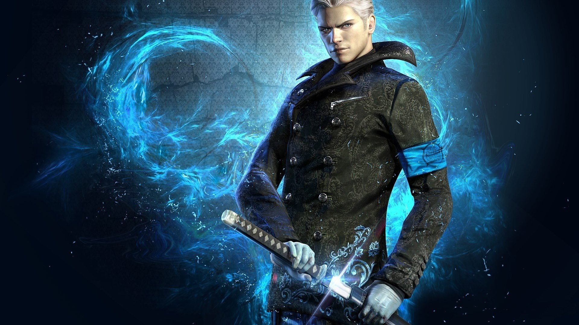 devil may cry dmc virgil dmc 5 devil may cry 5 miecz człowiek niebieski katana niebieskie oczy szare włosy tapety gra