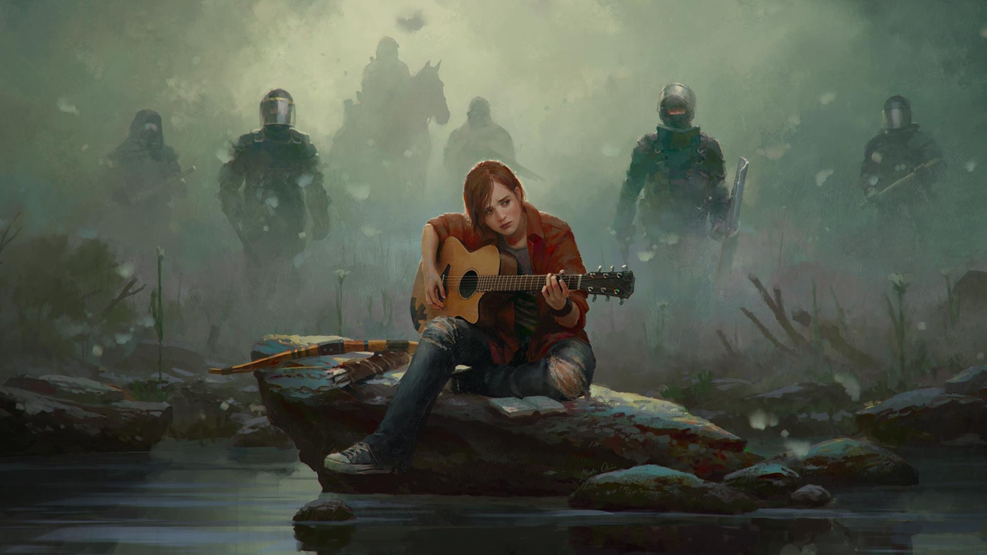 girl ellie guitar bow arrows stone jeans sneakers fog fighters masks shield horse drawing fan art marek okon the last of u