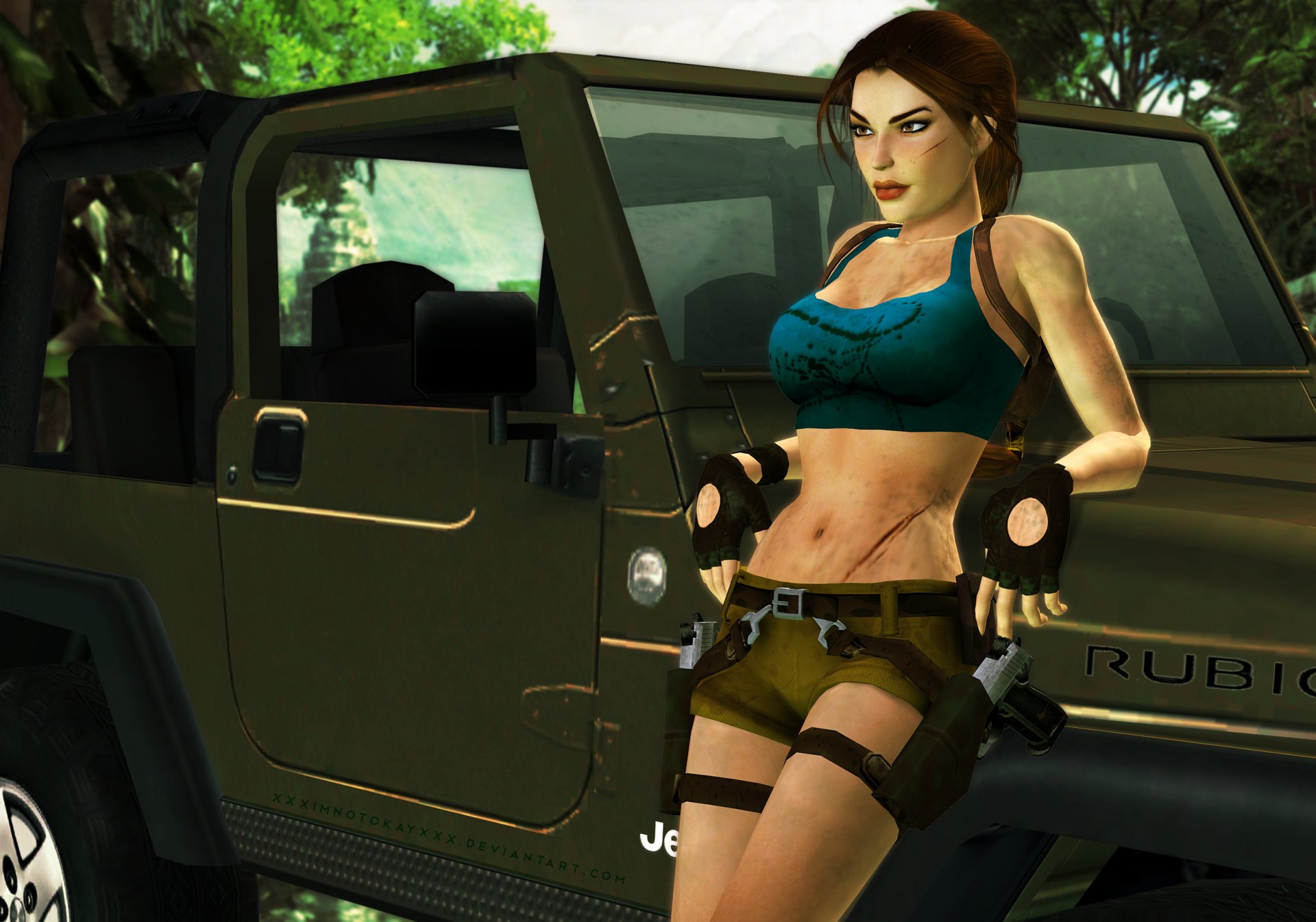 tomb raider lara croft voiture arbres fille pose arme pistolets