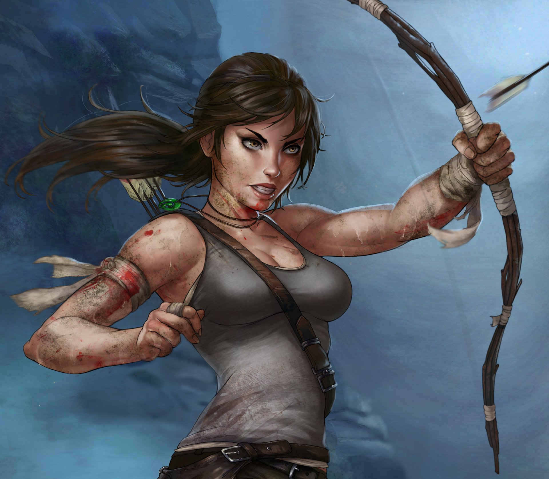 лара крофт tomb raider арт оружие лук стрела майка повязка кровь рана лицо хвостик