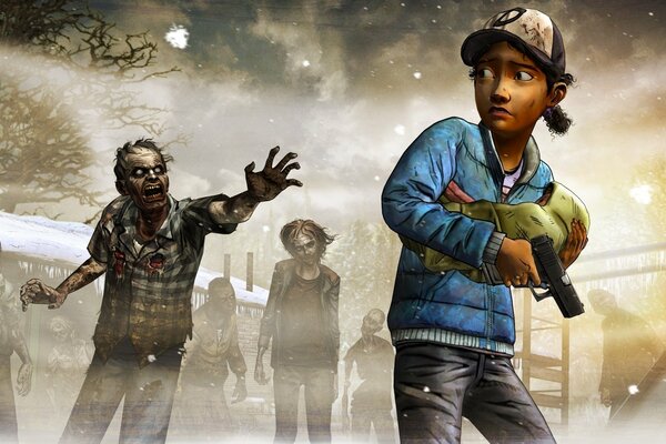 Un niño huye de un zombi con un arma en la mano