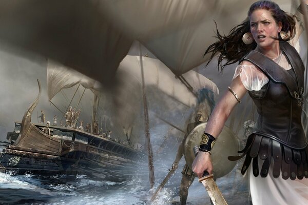 Девушка воин с мечом в руках на корабле
