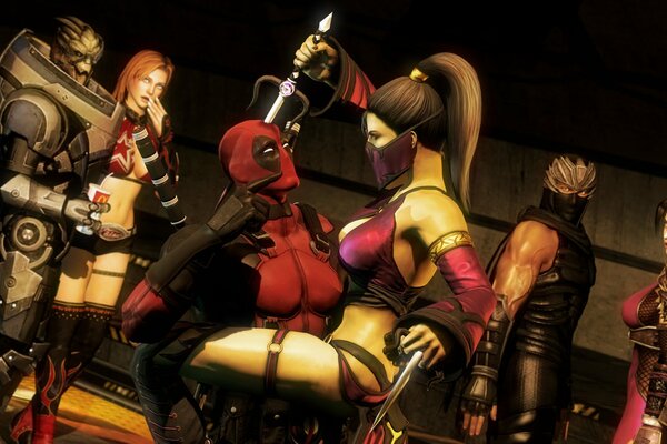 Screensaver Cartoon Deadpool et fille assise sur le dessus