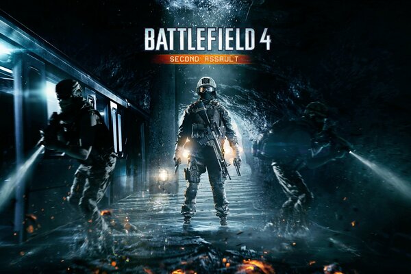 Spiel battlefield 4. Soldaten mit Waffen in der U-Bahn im Wasser