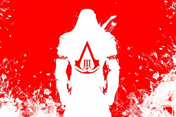 Ilustración del juego assassins creed 3 sobre un fondo rojo sombra blanca