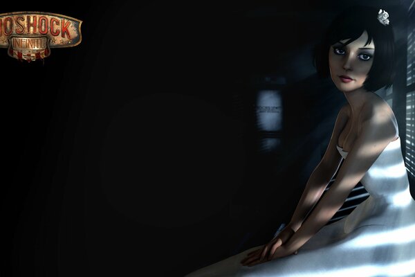 Bohaterka gry komputerowej piękna brunetka na parapecie