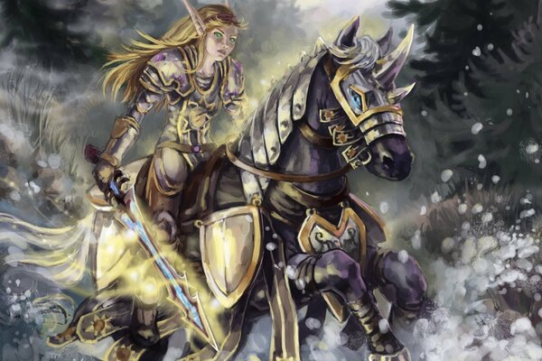 An elf on a horse with armor and a sword