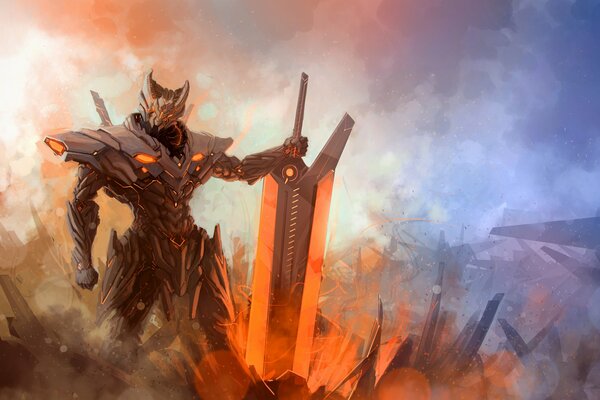 Il guerriero con la spada di League of Legends nella nebbia