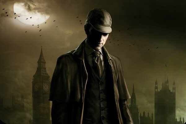 Sherlock Holmes is standing in his hat