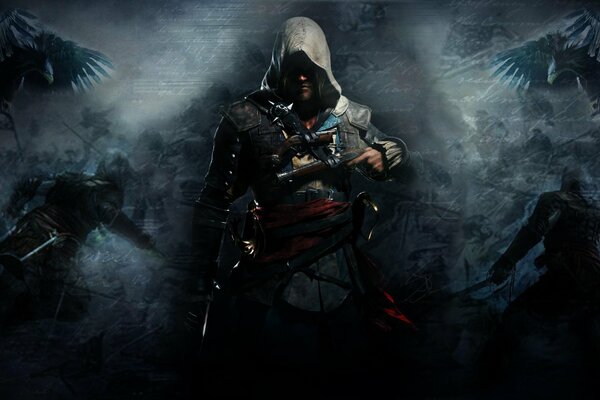 Edward Kenway in a hood and with a gun