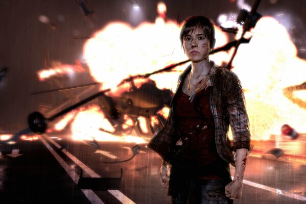 A determined girl with a flaming helicopter in the background