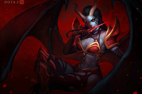 The Queen of pain from Dota with a blade in her mouth