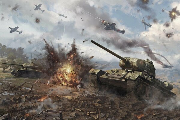 War. Battle of tanks and planes. Explosion