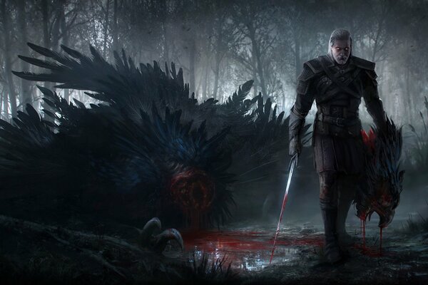 The Witcher 3. wild hunt. forest. white-headed Geralt with a bloody sword