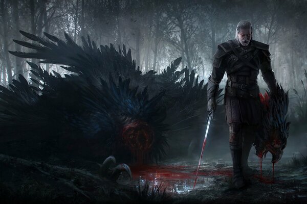 El brujo 3. caza salvaje. bosque. Geralt de cabeza blanca con espada ensangrentada