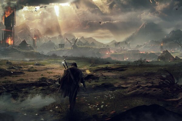 Escena del juego de ordenador Shadow of Mordor basado en el Señor de los anillos . Guerreros en la tierra media