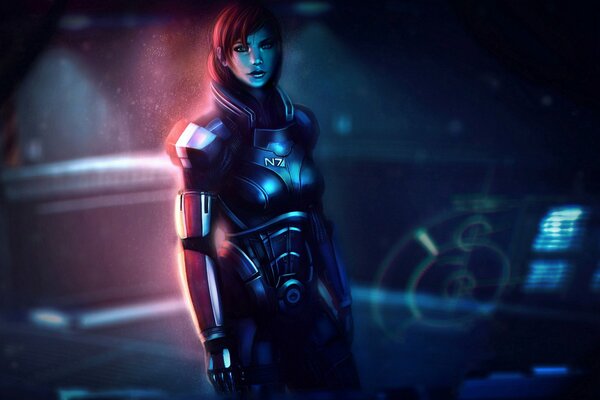 Drawing of a girl from mass effect inside a spaceship