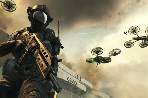 An armed warrior with quadrocopters hovering overhead