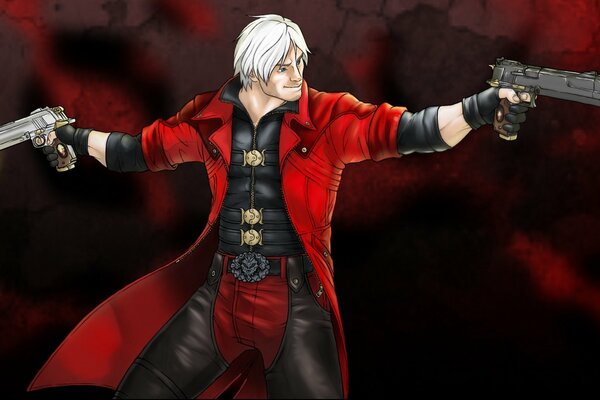 Devil may cry. dmc. capcom. dante mit weißen haaren, der aus pistolen schießt